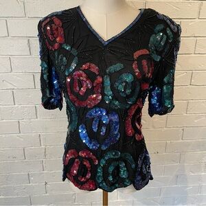 Vintage 80s Stenay 100% Silk Beaded Sequin Blouse S